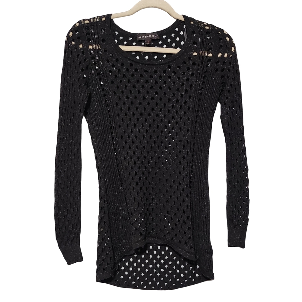 ROCK & REPUBLIC Black Metallic Open Knit Sweater Womens Small Long Sleeve Goth - Picture 2 of 11